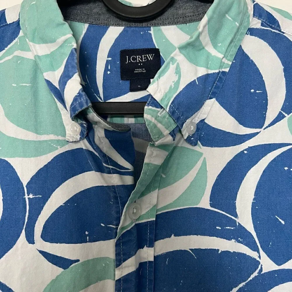 J. Crew Mens Shirt Large Blue Green Beachball Hawaiian Coastal Aloha Casual